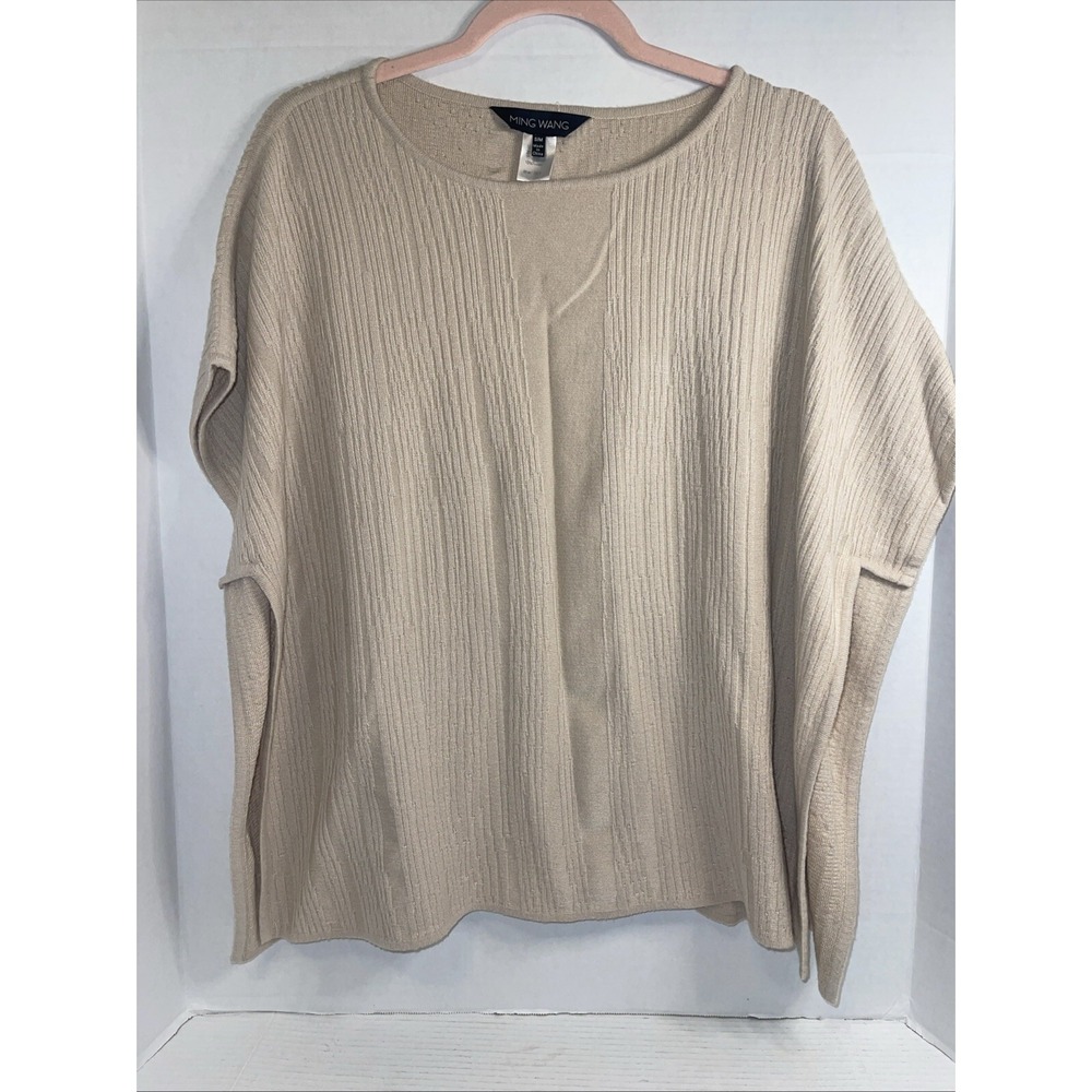 Ming Wang Poncho Tunic Knit Top Beige Cream Women's Sz Small/Med Side Slit Flowy